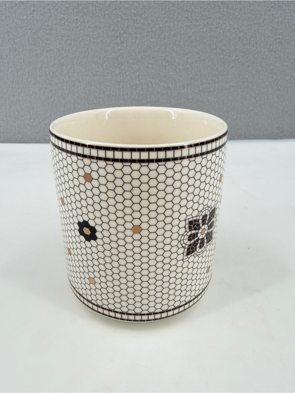 Anthropologie Margot Bistro Tile Monogram "J" Ceramic Cup Mug Black Gold Mosaic - Picture 2 of 10